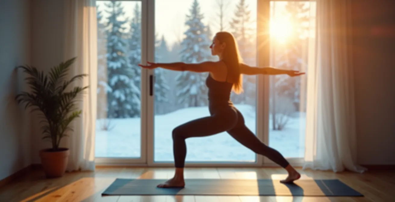 Personne pratiquant le yoga dans un salon lumineux avec vue sur paysage hivernal québécois