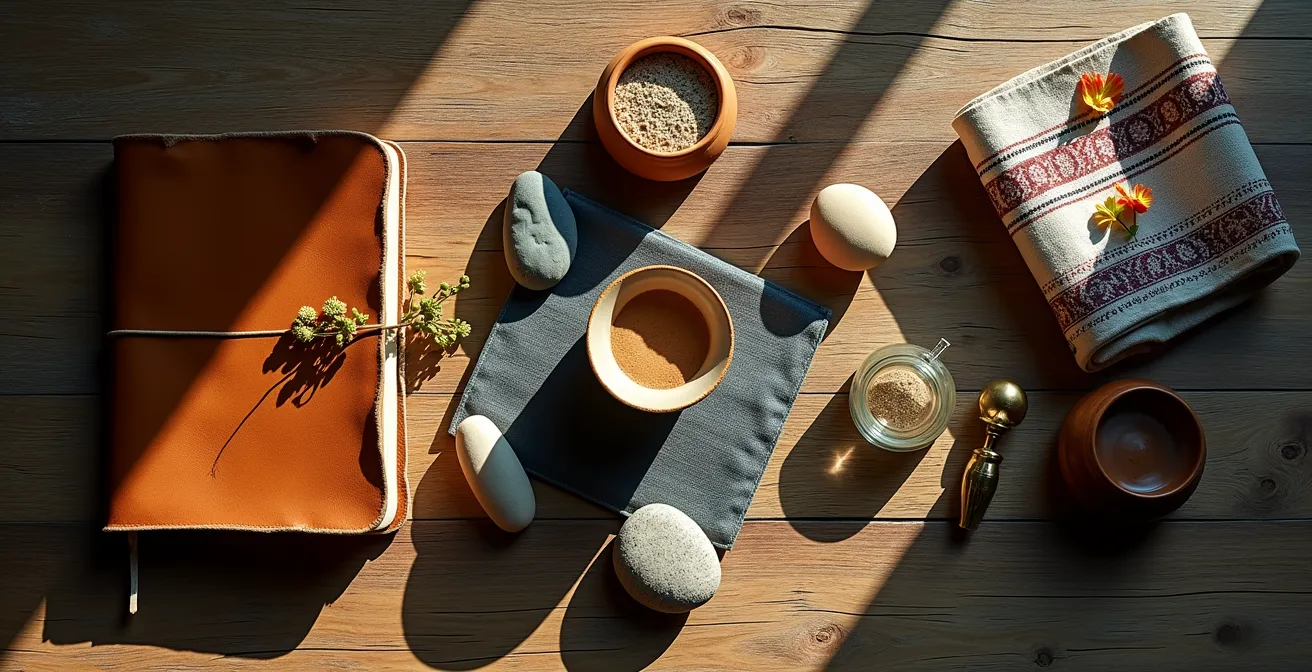 Table avec objets de voyage arrangés pour un rituel de mémoire sensorielle