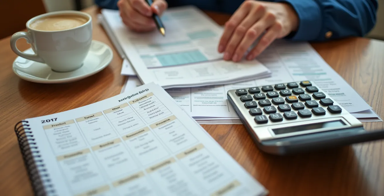 Vue aérienne d'un bureau organisé avec calendrier trimestriel et outils d'analyse financière