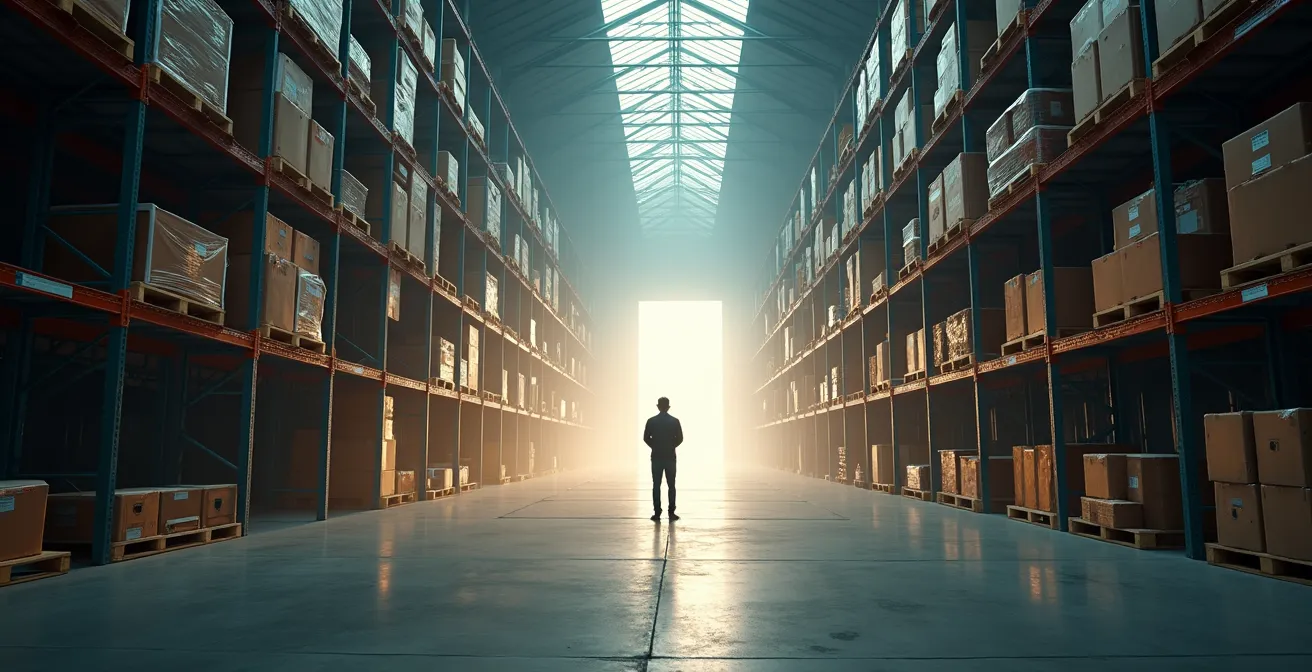 Vue large d'un entrepôt moderne avec capteurs IoT visibles sur les étagères et lumière naturelle créant une atmosphère contemplative