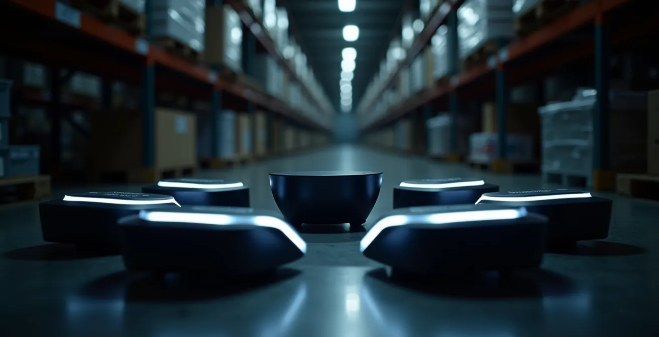 Gros plan sur des capteurs IoT industriels dans un entrepôt moderne avec éclairage dramatique