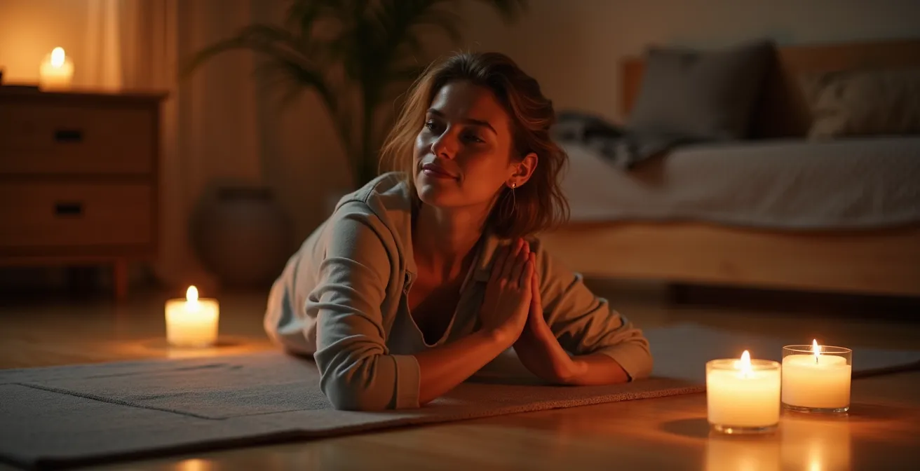 Personne pratiquant une posture de yoga relaxante dans une chambre éclairée aux chandelles