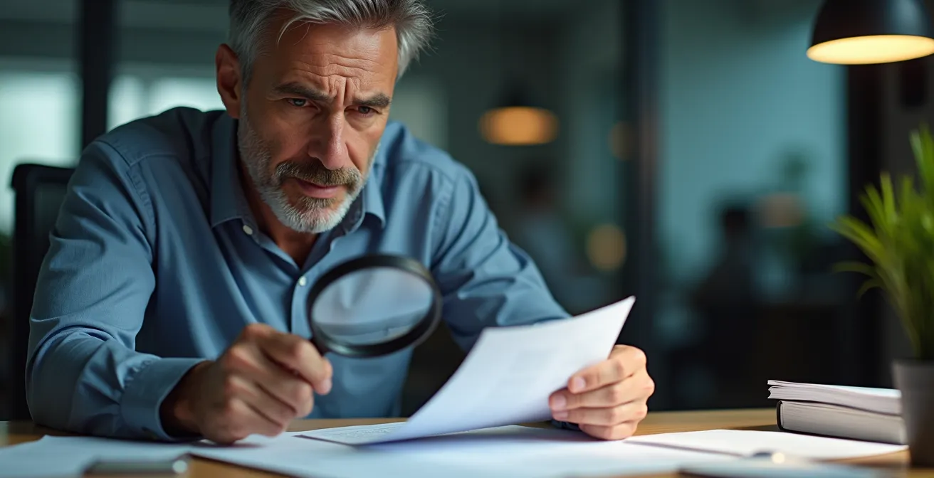 Homme d'affaires analysant des documents avec une loupe dans un bureau moderne avec lumière dramatique