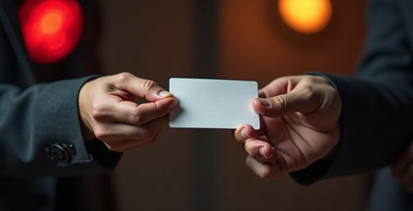 Main d'affaires tenant des cartes de visite avec des symboles d'avertissement flous en arrière-plan