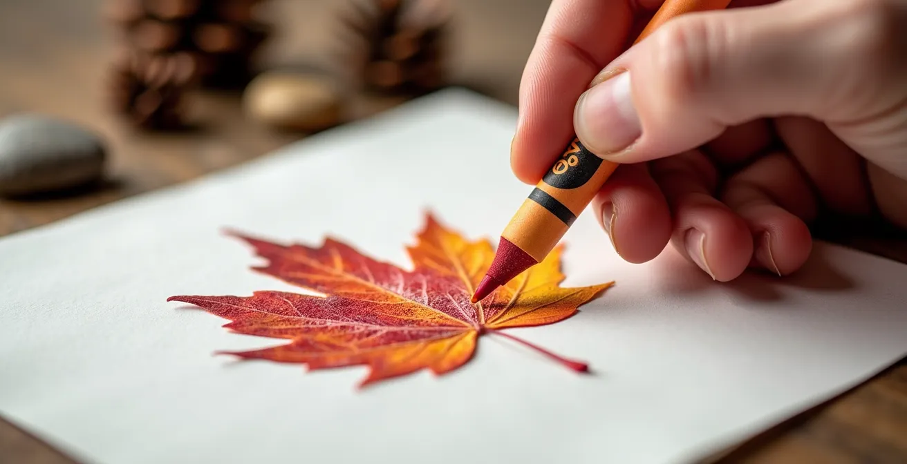 Main réalisant un frottage au crayon sur une texture naturelle de feuille d'érable canadienne