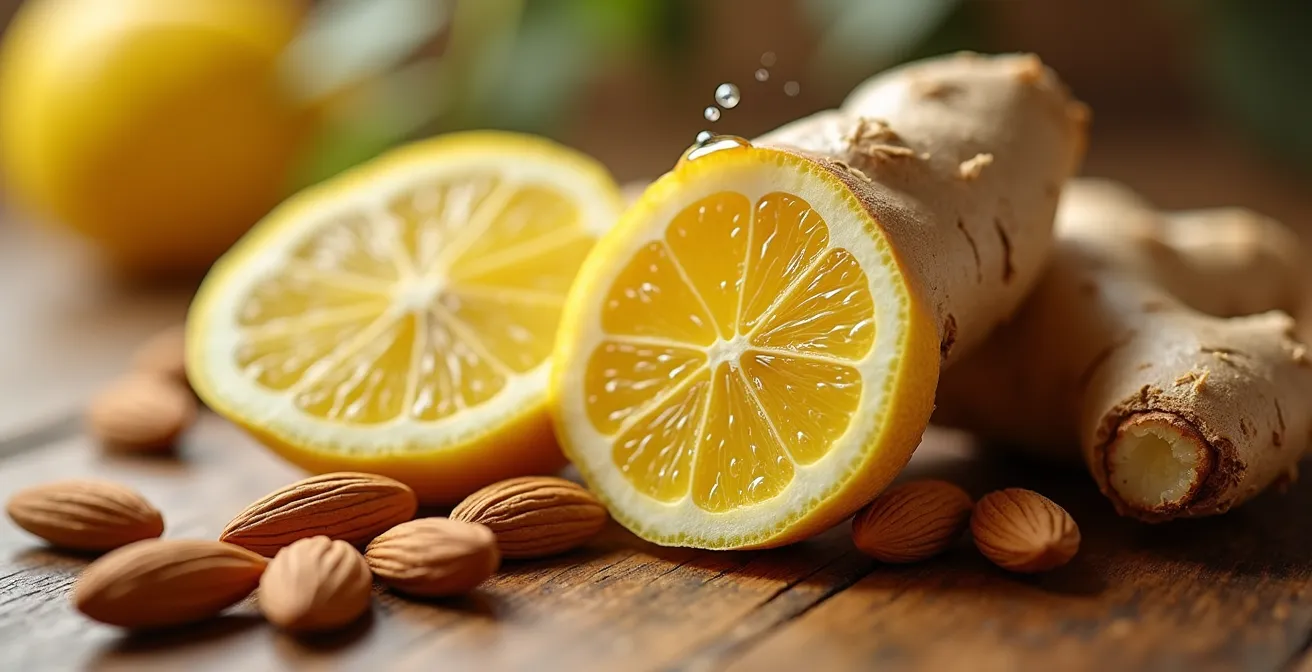 Composition d'alternatives énergisantes naturelles au café incluant citron, gingembre et fruits secs