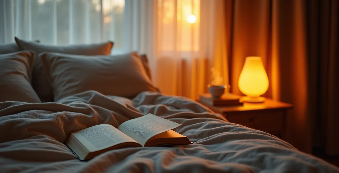 Environnement apaisant du soir avec éclairage tamisé propice à la transition vers le sommeil