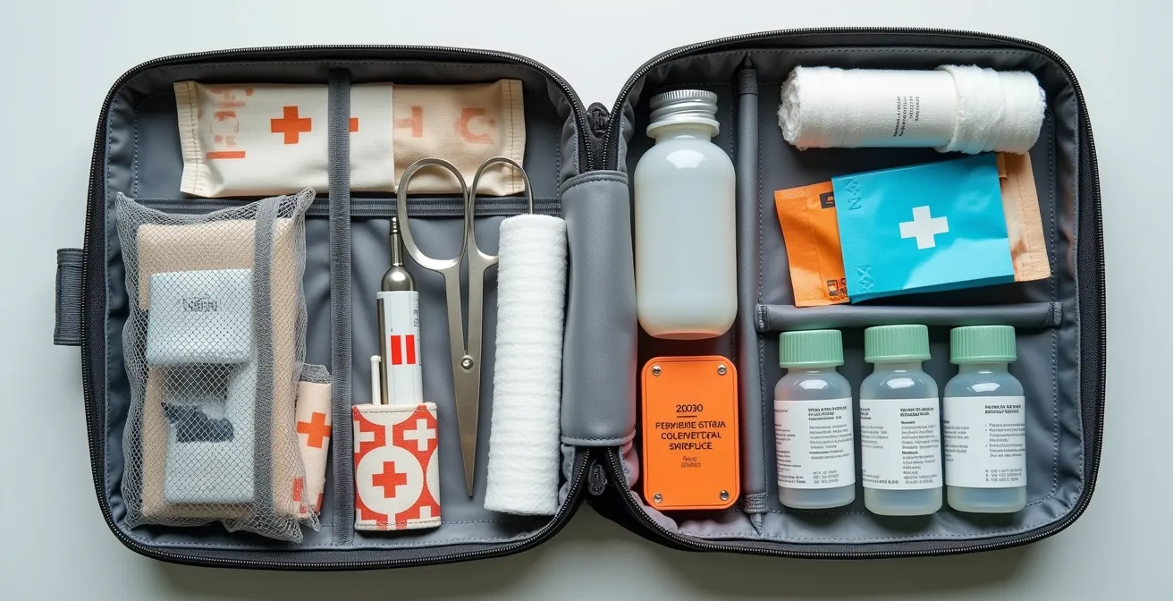 Trousse médicale de voyage ouverte avec compartiments organisés et fournitures essentielles