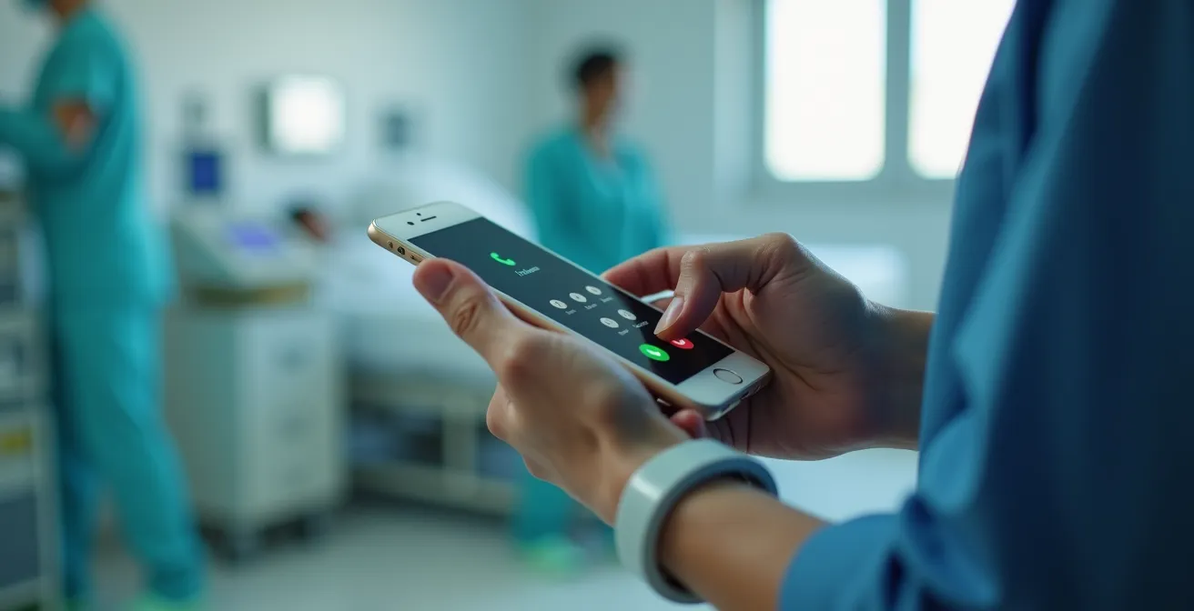 Voyageur composant un numéro d'urgence sur smartphone dans un environnement médical
