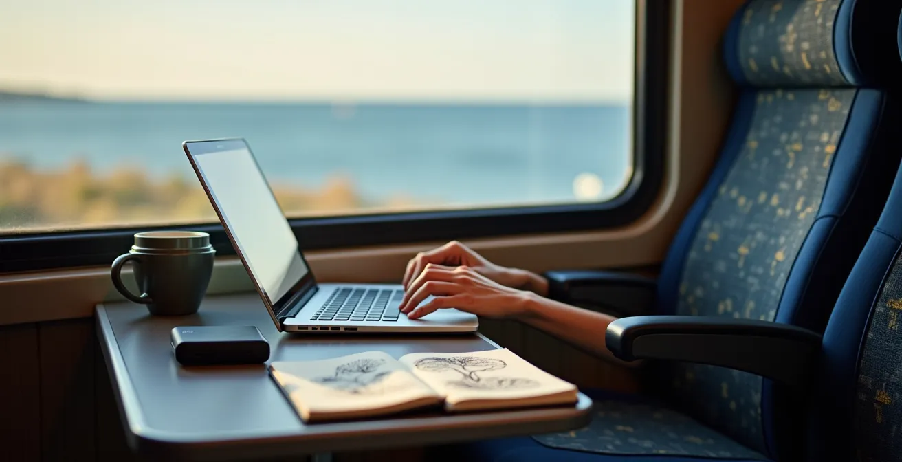 Passager travaillant confortablement dans le train L'Océan avec vue sur paysage maritime