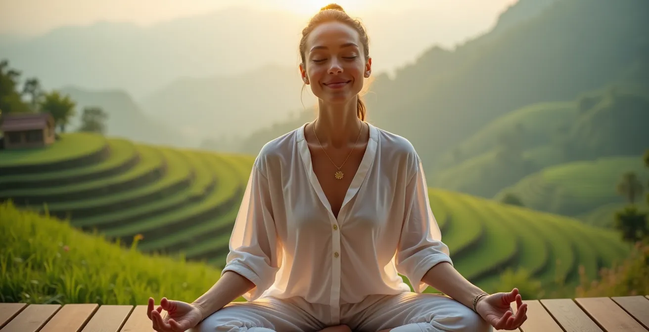 Personne en méditation face à un paysage apaisant de rizières en terrasse